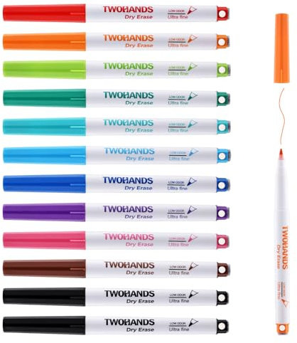 TWOHANDS Ultra Fine Magnetic Whiteboard Pens Dry Wipe Markers 12 pack | 0.7mm Extra Fine Point with Erasers, Low Odour, Thin Dry Erase Markers for Office Home Calendar, Assorted Colours, 20659