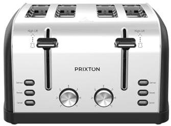 PRIXTON Tostadora 4 Slice Nera 1900W de 4 Ranuras Extragrandes, Acero Inoxidable, 7 Niveles de Tostado, Descongelar y Recalentar