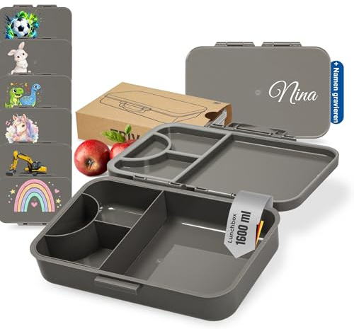 Personalisierte Lunchbox Tritan - Brotdose Kinder mit Fächern Grau robust | bruchfest, spülmaschinenfest, Kindergarten Schule, Wunschgravur, Made in Germany, lebensmittelecht, Snackbox, Bento Box