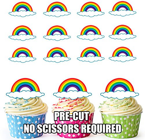 AK Giftshop PRE-CUT Colourful Rainbows In Clouds - Edible Cupcake Toppers/Cake Decorations (Pack of 12)
