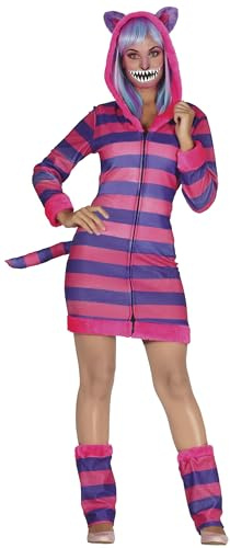 FIESTAS GUIRCA | Gestreifter Kater Damen Kostüm - Kleid, Kapuze, Schwanz und Stulpen - Tierkostüme für Welttag des Buches, Halloween, Karneval und Kostümpartys - Rosa und Lila