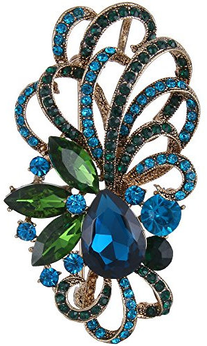 EVER FAITH Österreichischer Kristall Art Deco Blumen Braut Tropfen Anhänger Brosche Blau Gold-Ton