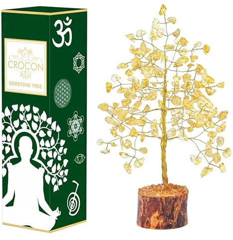 Crocon Citrine Gemstone Money Tree | Feng Shui Bonsai | Mystical | Chakra Balancing | Reiki Crystal Healing | Handcrafted | Good Luck | Spiritual | Enhancement | Decor Size: 7-8 Inch