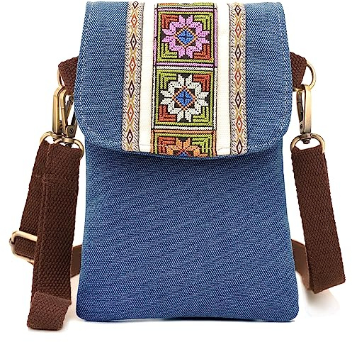 SILKAREA Sac à bandoulière vintage en toile brodée pour femme avec dragonne, porte-monnaie, pochette pour téléphone, taille S, bleu marine