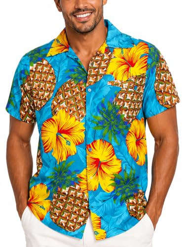 King Kameha Funky Hawaii-Hemd, Herren, Kurzarm, Pineapple-Hibiscus, Türkis, M