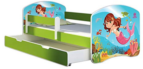 ACMA Kinderbett Jugendbett mit Einer Schublade und Matratze Grün mit Rausfallschutz Lattenrost II 140x70 160x80 180x80 (09 Meerjungfrau, 180x80 + Bettkasten)