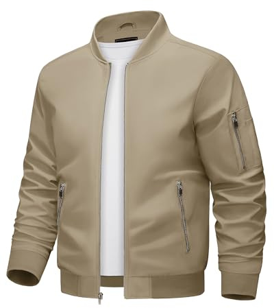 KEFITEVD Men's Golf Jacket Thin Lightweight Baseball Summer Track Jackets with Multi Pockets Khaki, 2XL