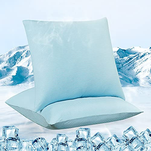 Luxear kühlender Kissenbezug 2er Set, Kopfkissenbezug elastisch mit Arc-Chill Kühlfasern atmungsaktiv, seidige Kissenbezüge mit Reißverschluss, Haare/Haut schonende Kissenhülle, 80x80cm-Blau/Weiß