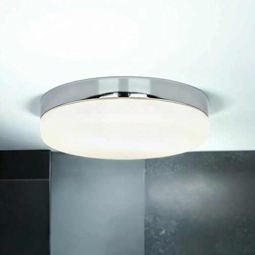 Licht-Erlebnisse Deckenleuchte mit Bewegungsmelder rund Ø32cm Chrom Weiß Glasschirm blendarm MONI Badezimmerlampe