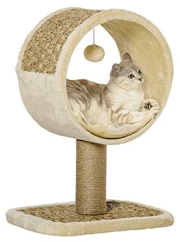 PawHut Arbre à Chat en Cercle avec griffoir en Jute et Jouet de Souris Coussin en Peluche Doux en Panneaux de Particules 40 x 30 x 56 cm Kaki Beige café