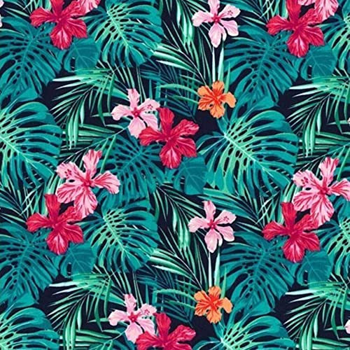 Rose & Hubble Aloha Hawaiian Hibiscus Flowers & Tropical Leaves Print 100% Cotton Poplin Fabric by The Metre, 112cm Wide (Dressmaking, Quilting) (Navy/Fuchsia)