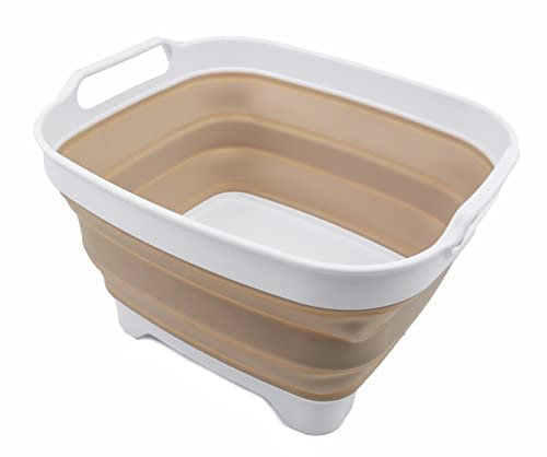 SAMMART 7.5L Collapsible Dishpan with Draining Plug - Foldable Washing Basin - Portable Dish Washing Tub - Space Saving (White/Latte)