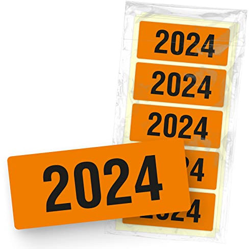 itenga 50x Jahresetiketten Ordner Inhaltsschild Jahreszahl I Aufkleber für Akten selbstklebend aus Haftpapier Rechteckig 6x2,5cm (Kalenderjahr 2024 (orange))