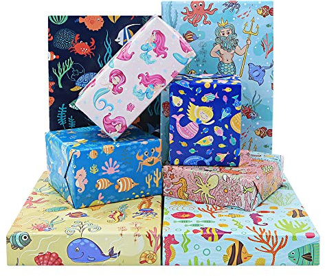 Ocean kinder Geschenkpapier,Meerjungfrau Geburtstag Geschenkpapier Mädchen Jungen Quallen Walmuscheln Geschenkpapier 8 gefaltetes Blatt für Babyparty Abschluss Kinder Basteln,70x50cm