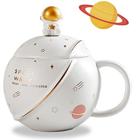 ZONSUSE Tazza da Astronauta Kawaii, Pianeta in Ceramica Carina Con Coperchio e Cucchiaio per Caffè/Tè/Latte, Regalo di Compleanno Divertente per Ragazza Ragazzo Donna
