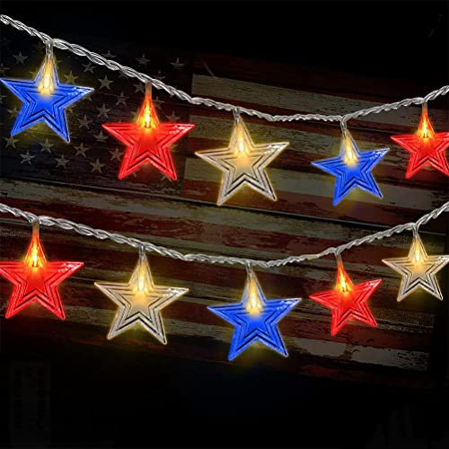 Dekorationen zum 4 Juli, 6,5 M Länge Unabhängigkeitstag-Deko-Lichter, 8 Modi 30 LED Sterne Lichterkette mit Fernbedienung USA Patriotisch Solar Lichterkette Sterne Gedenktag Unabhängigkeitstaglichter