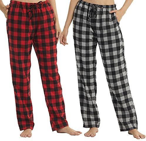 Lot de 1 à 2 pantalons de pyjama pour femme en flanelle à carreaux - Pantalon de détente doux en polaire avec poches, Rouge Noir Plaid+gris Noir Plaid, S