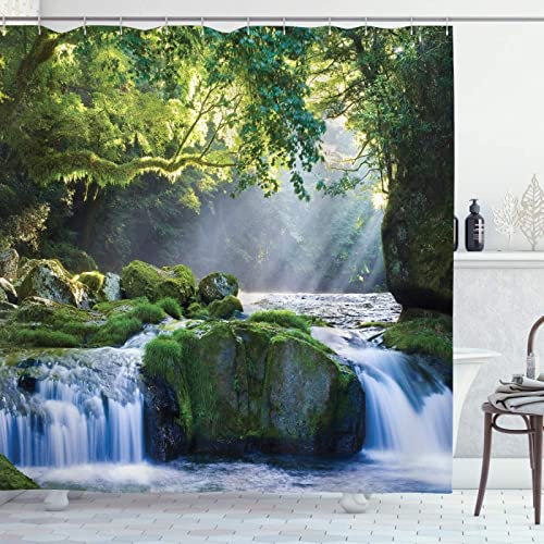HSFFBHFBH Wasserdichter Duschvorhang 300x200cm/118x78in(WxH) Grüner und Blauer Natur-Regenwald-Dschungel-Natur-Outdoor-Szenen-Grün-Wald-Badezimmer-Vorhang