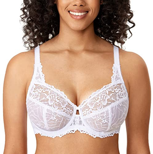 DELIMIRA Women's Plus Size Bra Full Coverage Minimiser Non Padded Lace Underwired Bras White 38J