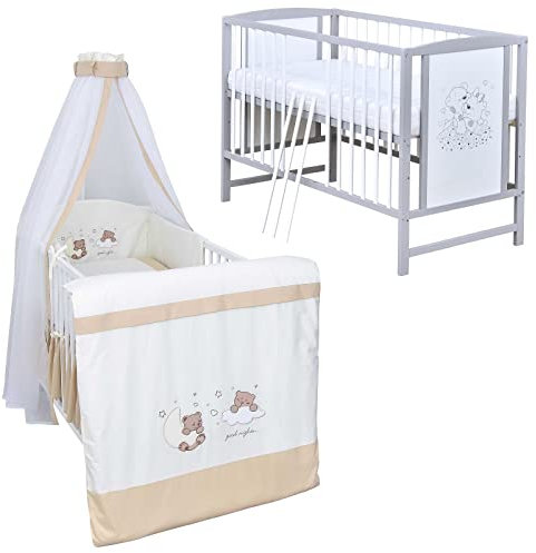 Baby Delux Babybett Komplett Set Kinderbett Mia 120x60 weiß grau Matratze Bettwäsche Set mehrteilig (Traumland beige)