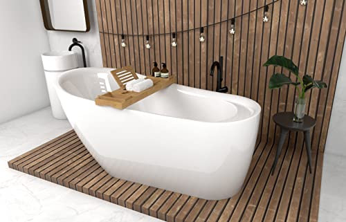 ECOLAM® exklusive freistehende Badewanne Standbadewanne moderne Wanne freistehend Elke 160x80 cm mit Ablage + Bambus Ablage + Ablaufgarnitur Click Clack Design Acryl glamour weiß