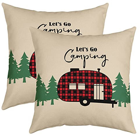 Satz von 2 Camper Kissen Cases 50x50cm, Buffalo Check Camping Trailer Wurf Kissenbezüge für Kinder Jungen Mädchen Kinder, Rot Schwarz Camping Reise Auto Dekorative Kissenbezüge, Autotoon Retro, Braun