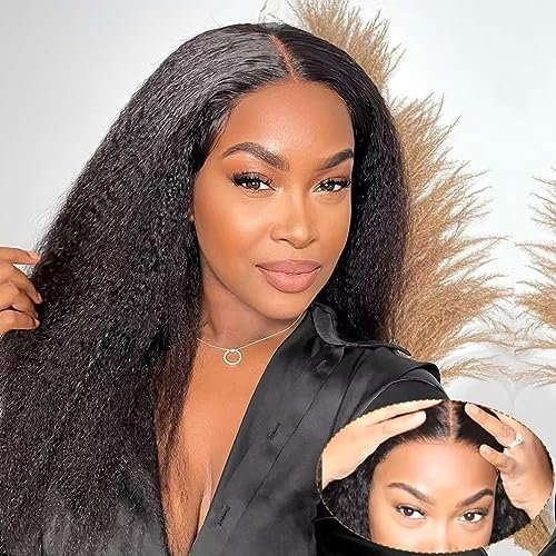 Real Hair Wig Yaki Straight Human Hair Wig Glueless Wig 180% Density Wear and Go Human Hair for Women 4x4 Transparent Lace Front Wig Women's Black Wig Precut Lace for Beginners 14 Inches