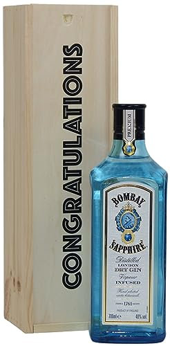 Bombay Sapphire Premium Distilled London Dry Gin 40% ABV, 70cl in a Congratulations Celebration Wooden Gift Box - Vapour Infused With 10 Hand Selected Exotic Botanicals