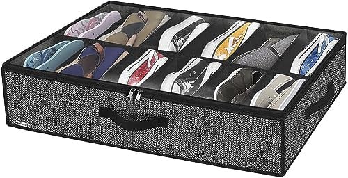 Onlyeasy Under Bed Shoe Storage Organizer with Sturdy Handles and Clear Window 1 Pack Fits 12 Pairs, Premium Foldable Underbed Shoes Container Box for Closet, Linen-like Black, MXAUBSB1P