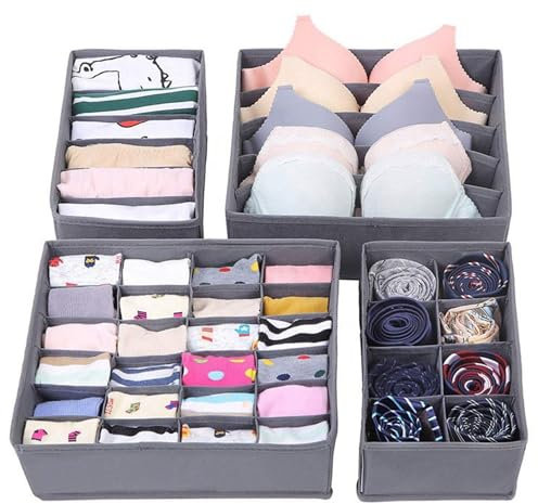 Bazasa 4er Shubladen Organizer Grau Odnungssystem für Kleidershrank Schublade Organizer Schrank Aufbewahrung Box Faltbare Schubladentrenner für Unterwäsche BHS Socken Krawatten Underwear Wickelbedarf