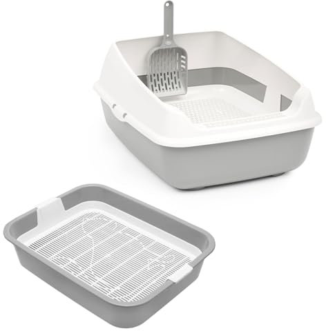Set de arena para gatos con borde y filtro de limpieza y primer inodoro para gatitos, gatos, conejos, arenero extraíble, filtro de limpieza gris