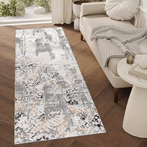 TAPISO Crystal Läufer Teppich Glänzend Grau Weiß Creme Abstraktes Muster Flecken Wohnzimmer Schlafzimmer Flur Korridor Modern Design ÖKO-TEX 70 x 150 cm
