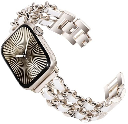 KADES Correa de acero inoxidable con diseño de eslabones para Apple Watch, correa de repuesto moderna para mujer para Serie 10 46 mm, 9/8/7 45 mm, 6/5/4 44 mm, así como 3 42 mm, luz estrella/blanco