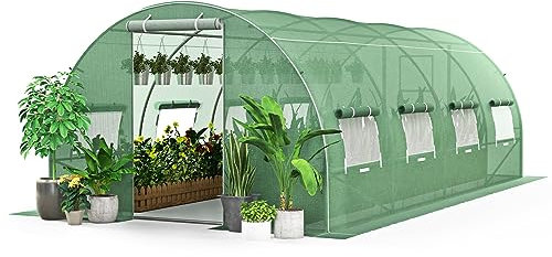 GOPLUS Serre de Jardin Tunnel 6x3x2m avec Cadre en Acier Galvanisé 4 Saisons, Serres de Jardin avec 10 Fenêtres Latérales et 2 Portes Zippers Enroulables, pour Légumes, Fruits, Fleurs, Vert