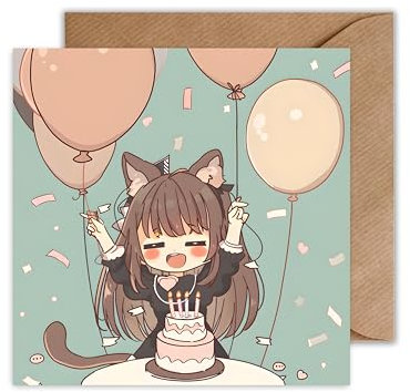 WBdesignz Anime Geburtstag Karte mit Umschlag - birthday chibi girl Otaku Glückwunschkarte Katzen Mädchen Manga Geburtstagskarte (125 x 125 mm)