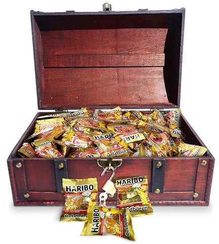 infinimo süßigkeiten kindergeburtstag Schatztruhe Kindergeburtstag gefüllt mit 150 Beutel Haribo Goldbären Minis, je 9,8g (Ca. 2.5kg alle zusammen) - mit Schloss und Schlüssel - 30x20x15cm
