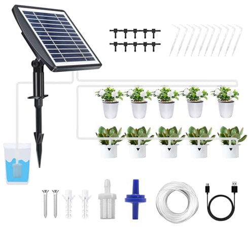 Irrigazione Automatica Solare, Sistemi di Irrigazione ad Energia Solare, sistema di irrigazione da giardino 10M con 10 gocciolatori, set di irrigazione a goccia 3W, per giardini serra bonsai