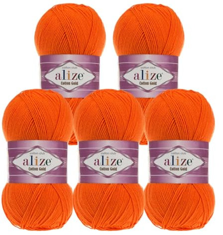 5 x 100g Strickgarn Alize Cotton Gold Uni Klassikgarn Häkelgarn Strick-Wolle Farbwahl, Farbe:37 orange