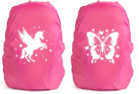 Regenschutz Schulranzen, 2 Stück Step by Step Regenschutz, Reflektierender Rucksack Überzug Regenschutz, Schultaschenhülle mit Einhorn und Schmetterlingsdruck für Jungen Mädchen Schulanfänger