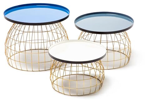 Qiyano Beistelltisch 3er Tisch-Set Trio Metall Eisen Gitter-Korb Gold modern verspielt vielseitig Wohnzimmer Esszimmer Lounge Vorraum Höhen: 26 cm / 32 cm / 42 cm Farbe: Blau/Grau/Weiß
