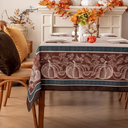 Romanstile Herbst Tischdecke 140x180 Kürbis und Truthahn Muster abwaschbar wasserabweisend aus Polyester Tischwäsche Tischtuch Table Cloth Deko Halloween,Party,Thanksgiving Day,Erntedankfest,Autumn