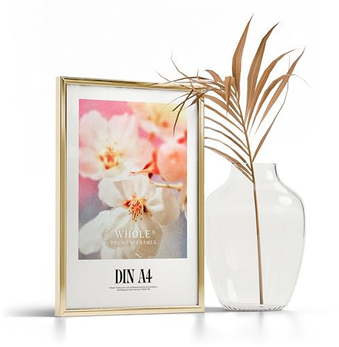 Whole® Premium Bilderrahmen A4 (21x30 cm) Alu Gold | DIN A4 Rahmen 21x29,7 cm | Picture Frame Aluminium Mit Acrylglas