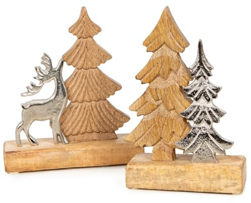 Logbuch-Verlag Weihnachten Deko Figuren Set Baum + Hirsch aus Holz Metall Weihnachtsdekoration Weihnachtsfiguren 16 x 18 cm