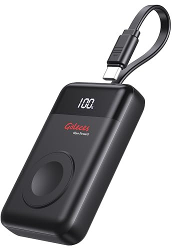 Galeces 3000 mAh Kabelloses Tragbares Ladegerät Für Apple Watch 2-in-1 Magnetisches Ladekabel Smartwatch Travel Wireless Charger Mini Keychain Powerbank Für Iwatch10/9/8/7/6/5/4/3/2/SE/Ultra (schwarz)