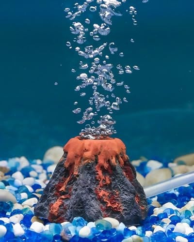 Pawfly Aquarium Vulkan Ornament Kit Aquarium Dekoration Mini Harz Vulkanische Aquarium Landschaft Realistische Berg mit Luftstein-Blase Diffusor Luftschlauch Zubehör für die Sauerstoffzufuhr