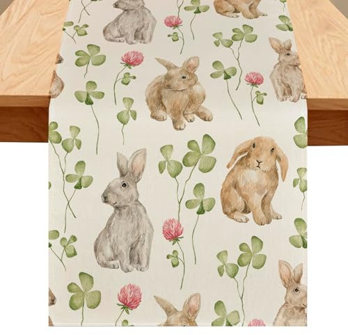 Pflanzen Blumen Hasen Tischläufer Ostern Deko Sackleinendruck Frühlings Tischdeko Tischläufer Heimdekoration Tischdecke Ostern Geburtstagsparty Tisch Dekorationen, 183*33cm (#B)