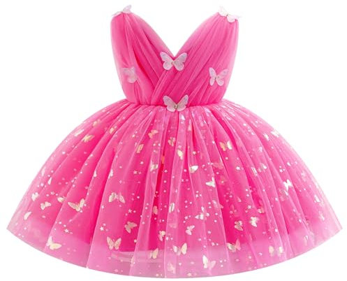 IDOPIP Bébé Fille sans Manches V - Neck Tulle Tutu Robe Princesse Fleur Fille Robe Bow élégant Anniversaire Célébration Formelle Party Robe De Bal Rose Rouge 110