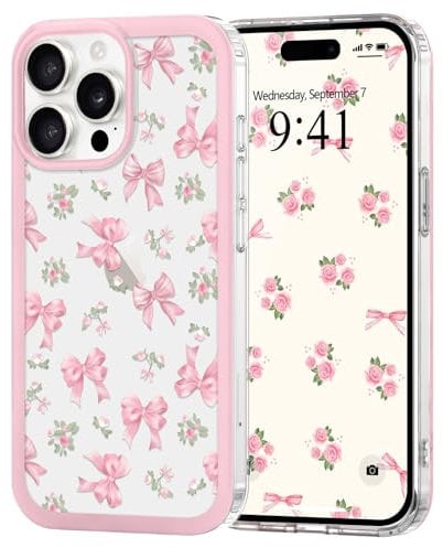 Urarssa Case for iPhone 15 Pro Max, Cute Bowknot Pattern Aesthetic Bow Design Phone Case for Women Girls, Soft TPU Bumper Clear Shockproof Protective Girly Cover for iPhone 15 Pro Max, Rose Bow