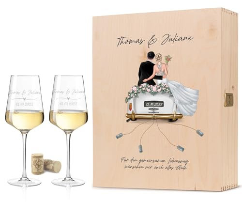 GRAVURZEILE Leonardo Weingläser mit Gravur - Hochzeitsauto & Wedding Love Puccini inkl. Holzkiste - Personalisiertes Hochzeitsgeschenk für Brautpaar - Geschenk zur Hochzeit, Verlobung oder Jahrestag
