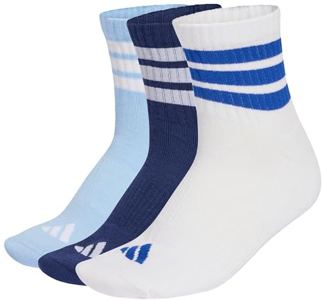 adidas Unisex 3 STRIPES CUSHIONED SPORTSWEAR MID CUT SOCKS 3 PAIR PACK, dark blue/white/glow blue, 45-48